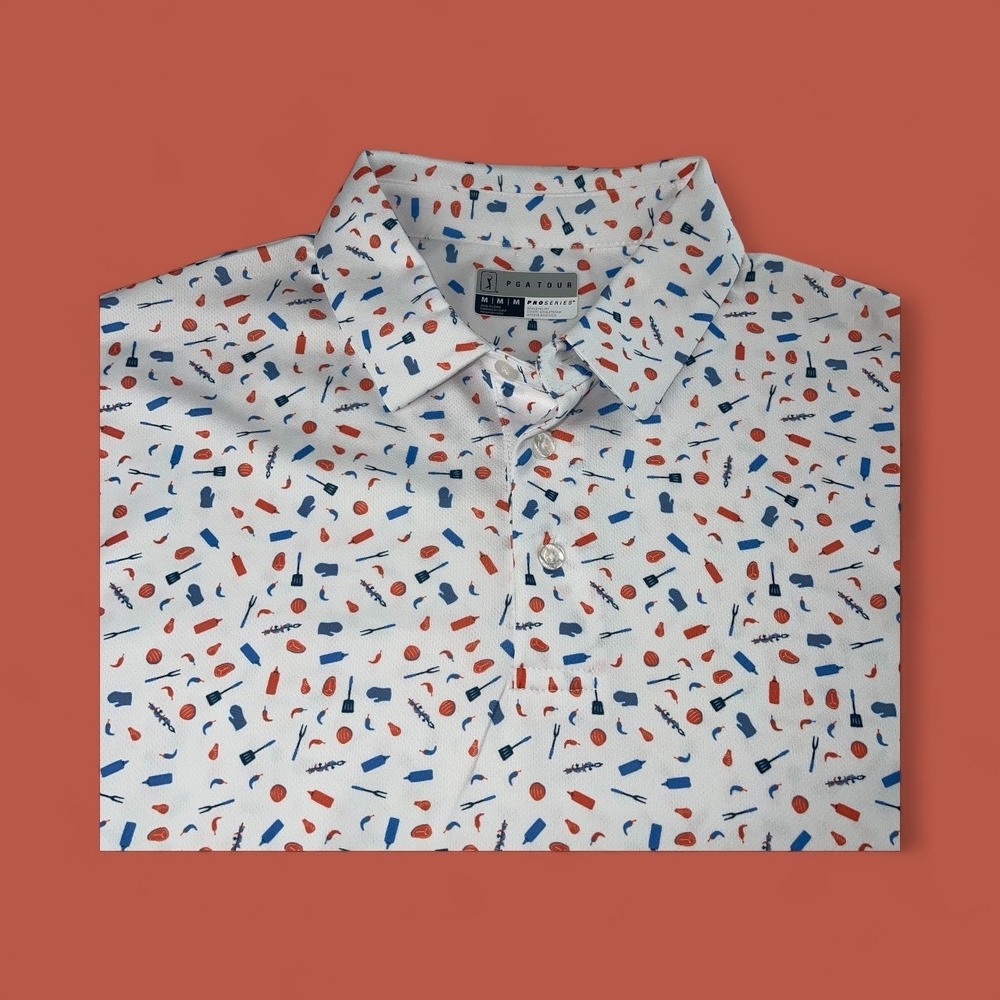 PGA Tour Pro Series Men's BBQ Print Athletic Fit Golf Polo Shirt New Size M